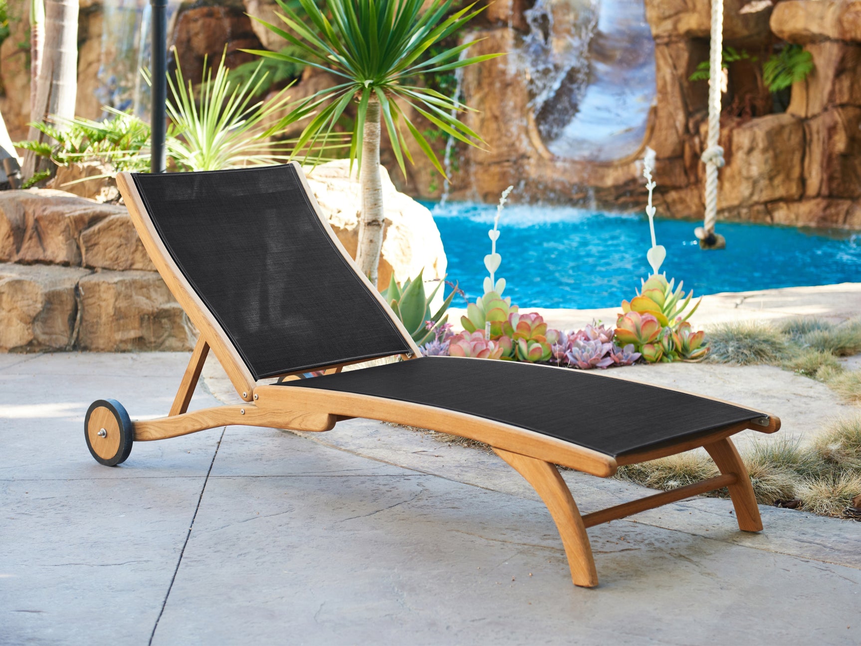 Pearl Teak Black Outdoor Reclining Sunlounger with Rear Wheels - Ornate Home