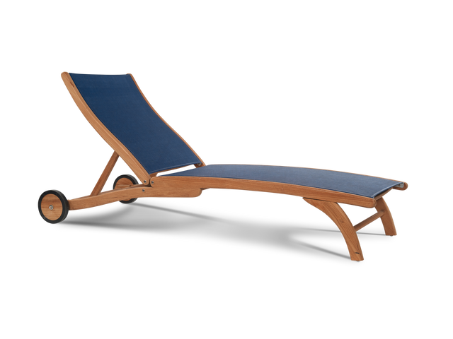 Pearl Teak Blue Outdoor Reclining Sunlounger with Rear Wheels - Ornate Home