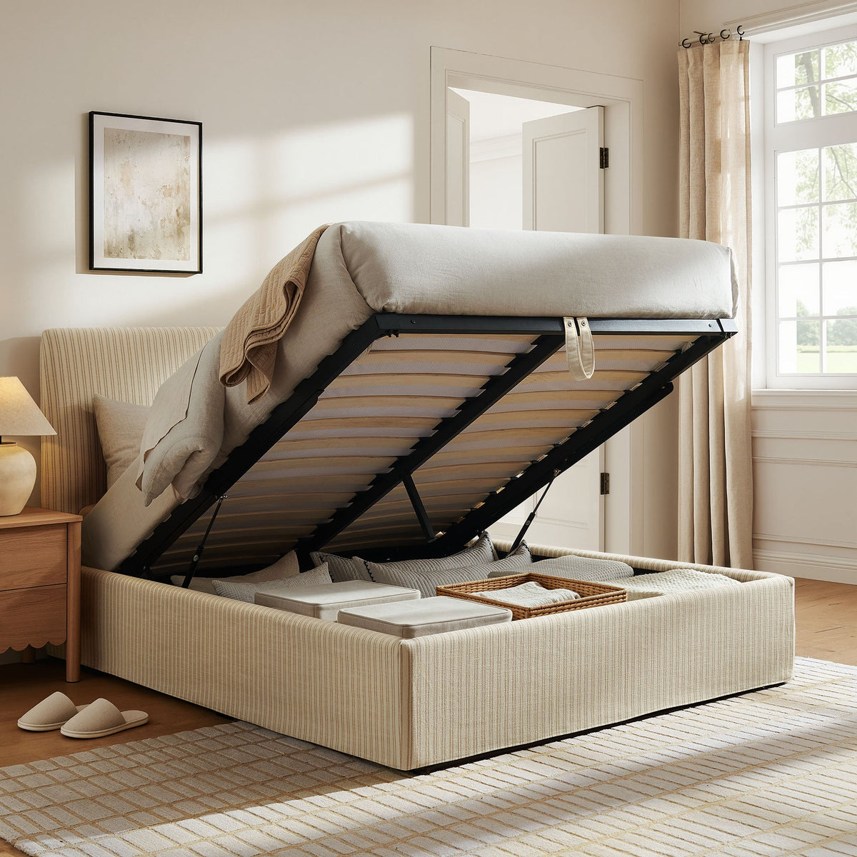 Pemberly Oatmeal Stripe Striped Fabric Storage Bed