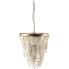 Pendra Gold/Whitewash Metal Wooden Bead Three Bulb Chandelier - Ornate Home
