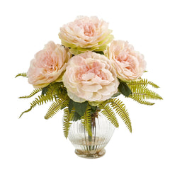 Peony and Fern Artificial Arrangement in Glass Vase - Ornate Home