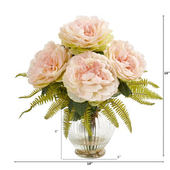 Peony and Fern Artificial Arrangement in Glass Vase - Ornate Home