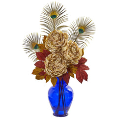 Peony in Blue Vase Artificial Arrangement - Ornate Home