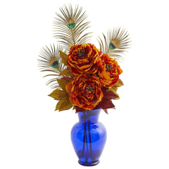 Peony in Blue Vase Artificial Arrangement - Ornate Home