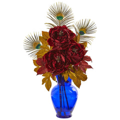 Peony in Blue Vase Artificial Arrangement - Ornate Home