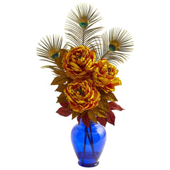 Peony in Blue Vase Artificial Arrangement - Ornate Home