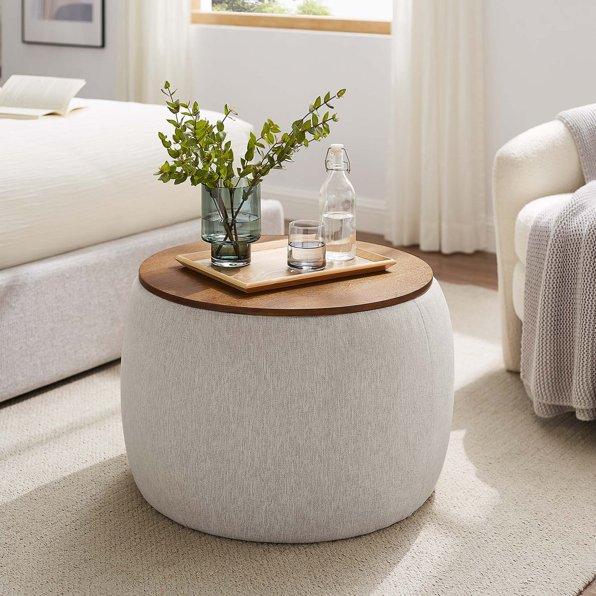 Perla Weave Ivory Woven Heathered Fabric Upholstered Storage Ottoman - Ornate Home