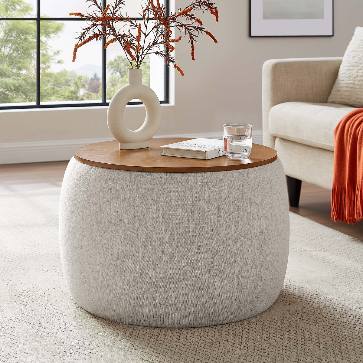 Perla Weave Ivory Woven Heathered Fabric Upholstered Storage Ottoman - Ornate Home