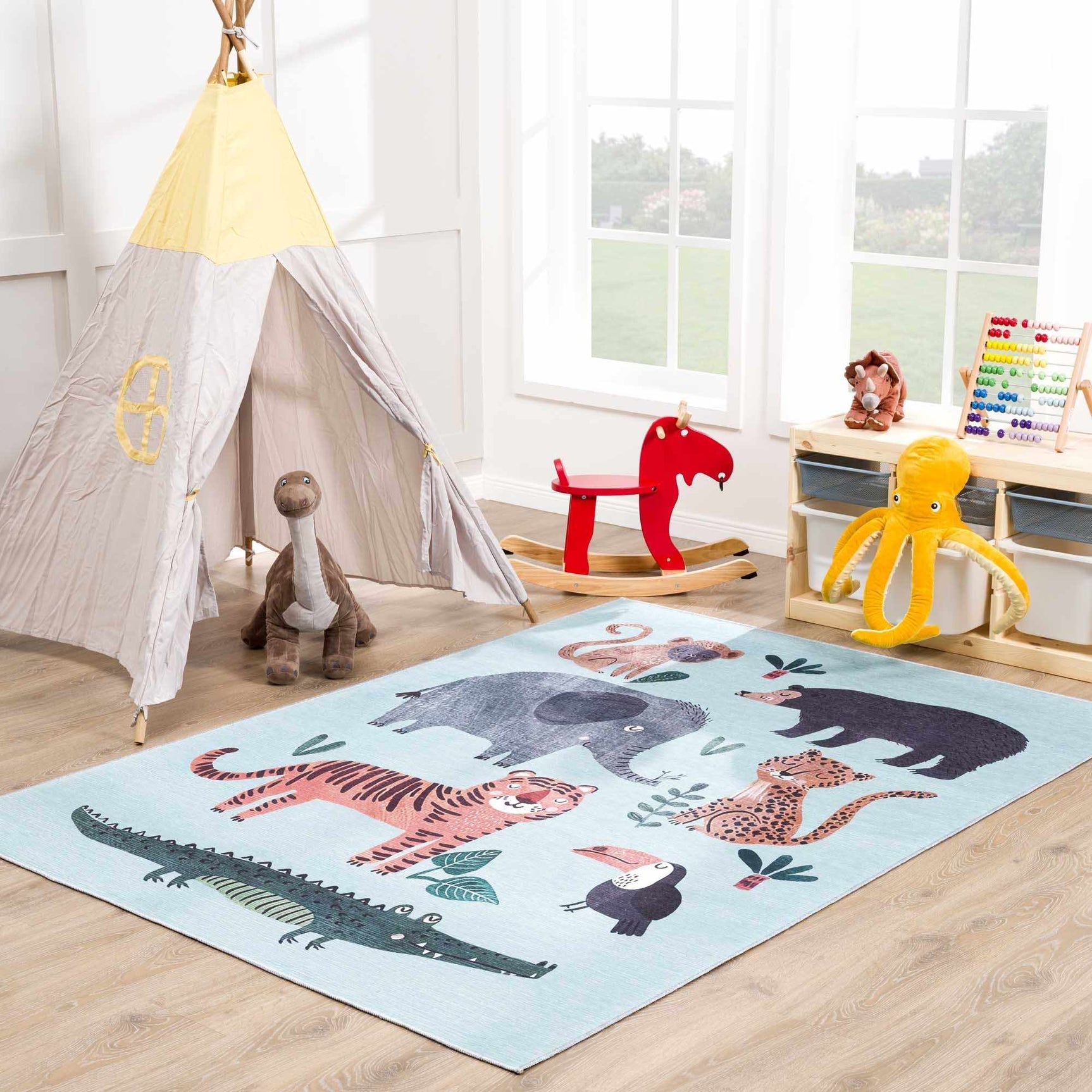 Petey Blue Animal Print Washable Kids Rug - Clearance - Ornate Home