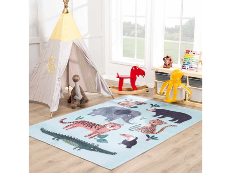Petey Blue Animal Print Washable Kids Rug - Ornate Home