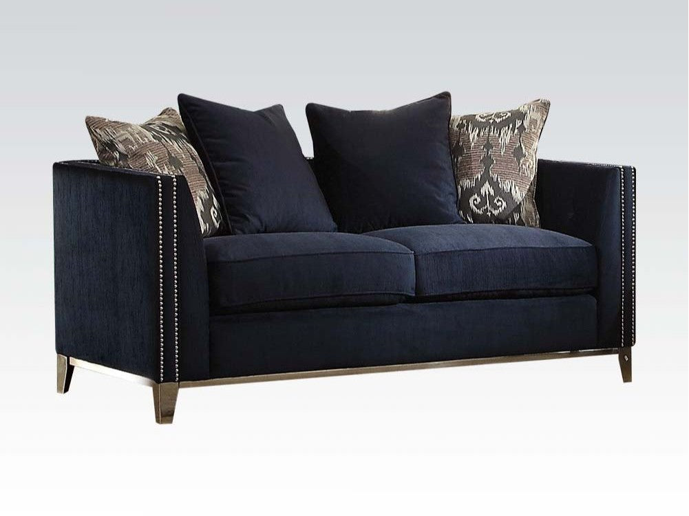 Phaedra Loveseat with 4 Pillows in Blue Fabric - Ornate Home