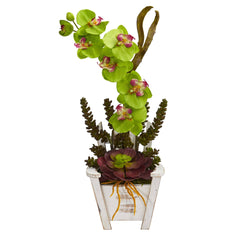 Phalaenopsis Orchid & Succulent Artificial Arrangement in Chair Planter - Ornate Home