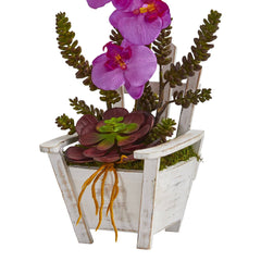 Phalaenopsis Orchid & Succulent Artificial Arrangement in Chair Planter - Ornate Home