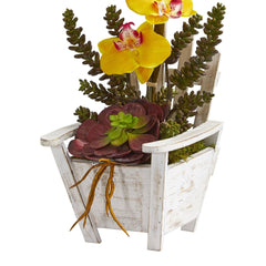 Phalaenopsis Orchid & Succulent Artificial Arrangement in Chair Planter - Ornate Home