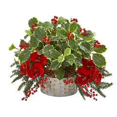 Phalaenopsis Orchid and Variegated Holly Leaf Artificial Arrangement - Ornate Home