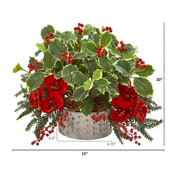 Phalaenopsis Orchid and Variegated Holly Leaf Artificial Arrangement - Ornate Home