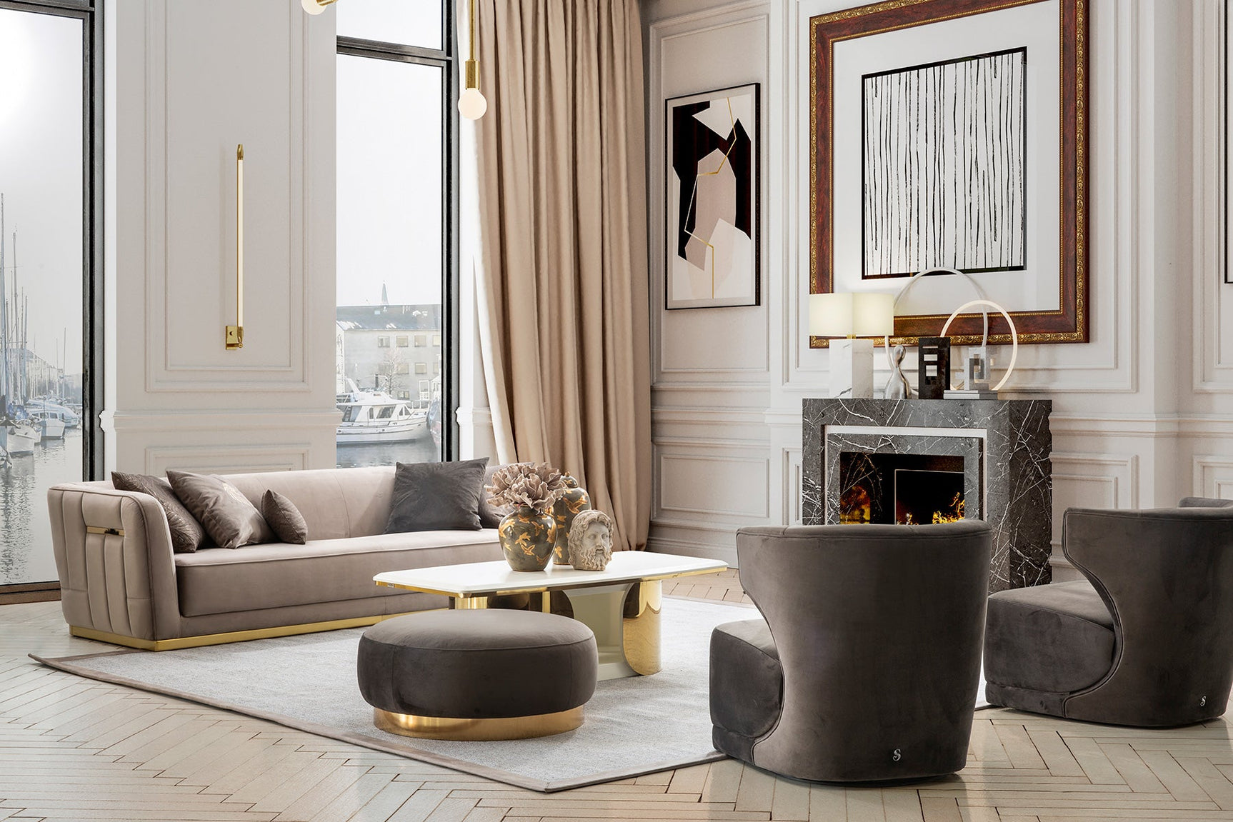 Phantom Gray Velvet & Gold Stationary Loveseat - Ornate Home