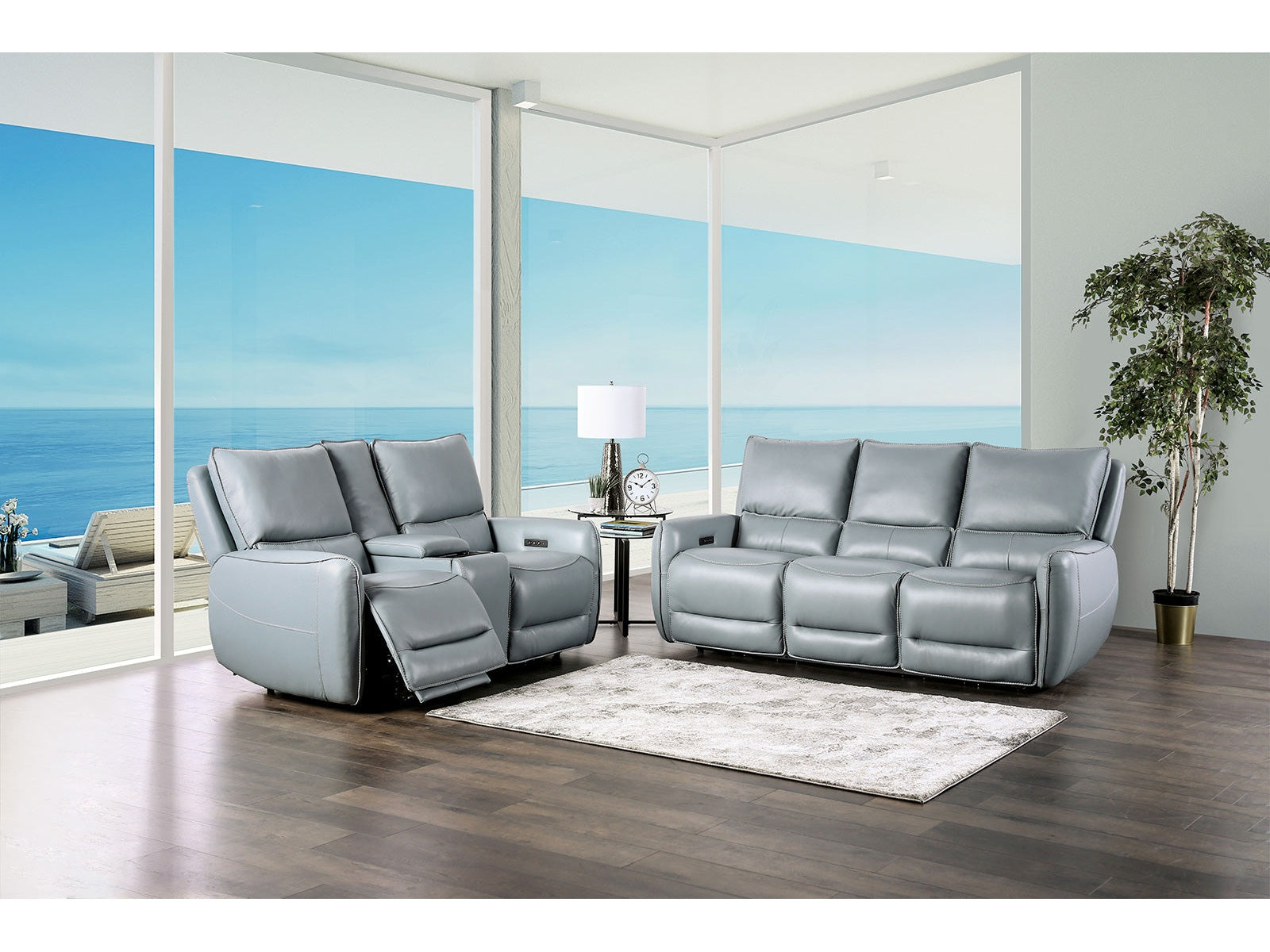 Phineas Pale Blue Top Grain Leather Match Power Reclining Sofa & Loveseat - Ornate Home