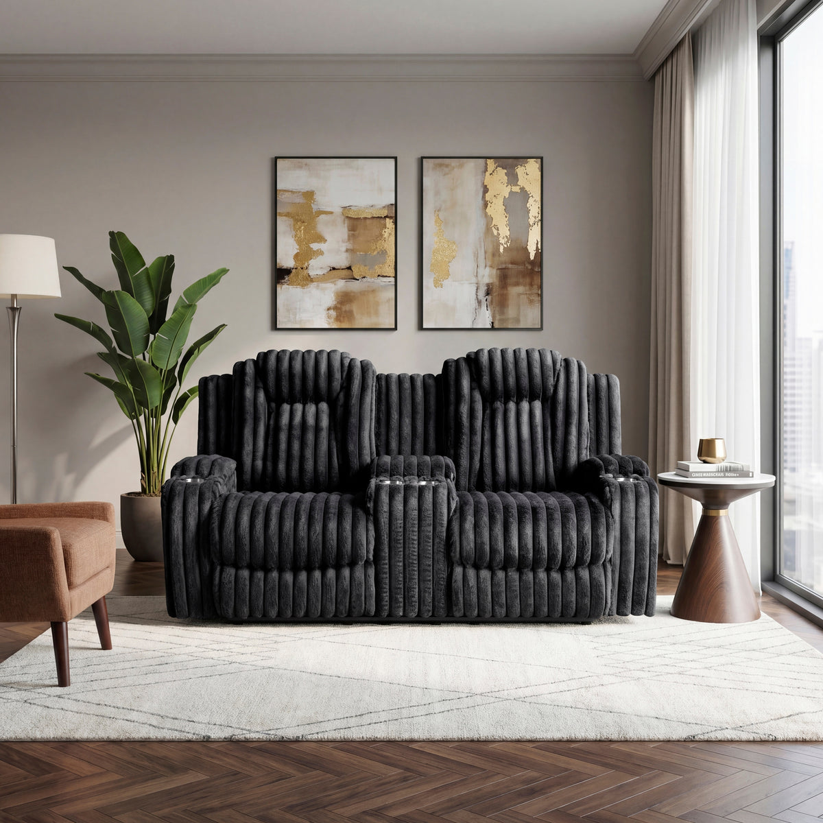 Phyllis Black Double Reclining Loveseat With Center Console And Cup Holders - Ornate Home