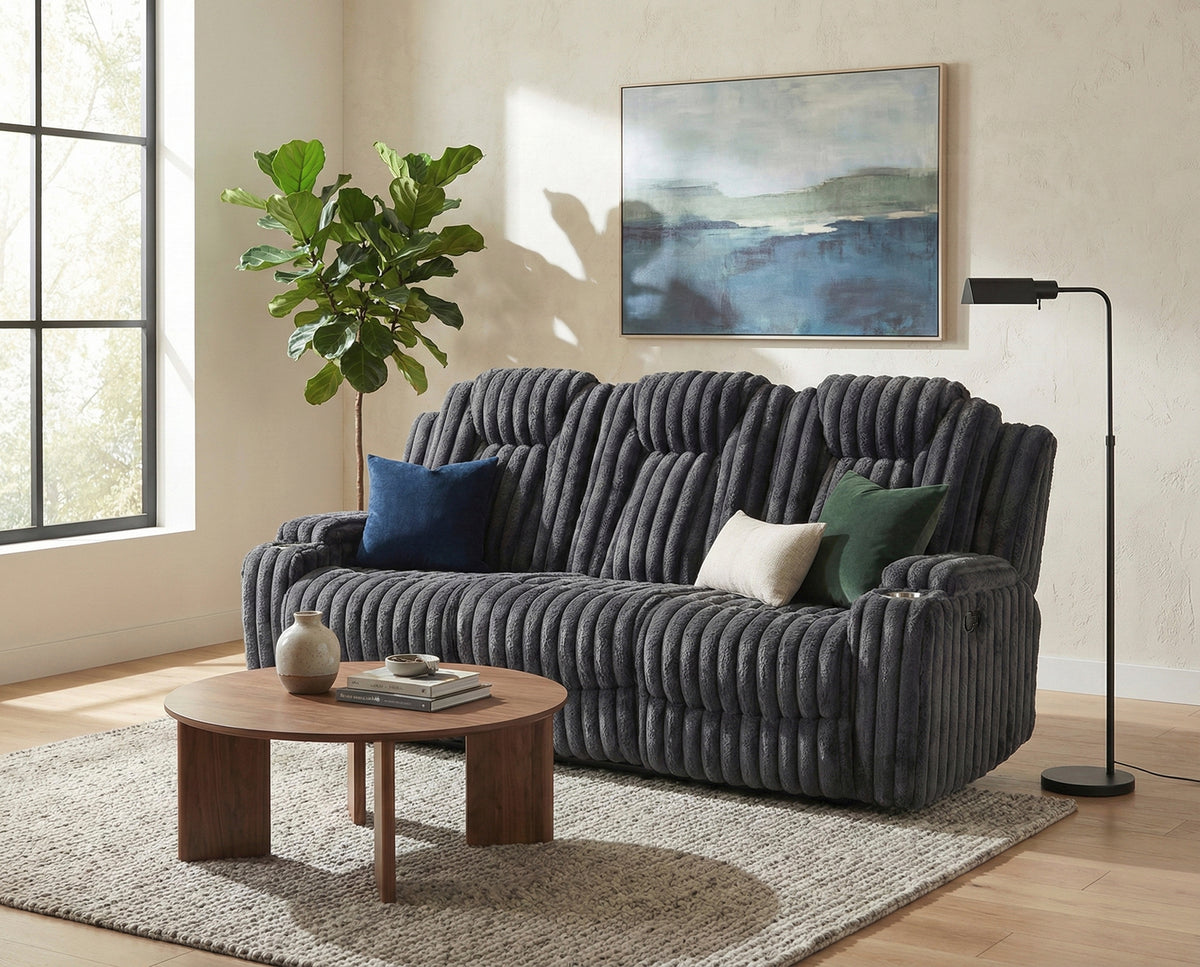 Phyllis Black Double Reclining Sofa With Cup Holders - Ornate Home