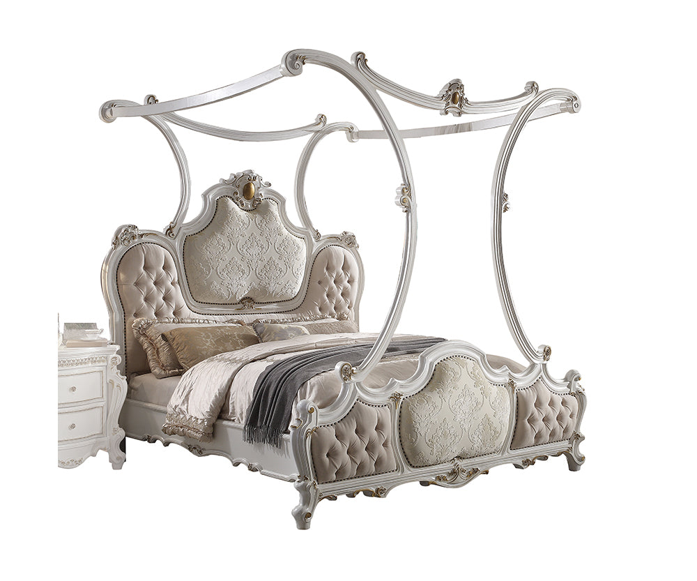 Picardy Fabric & Antique Pearl Eastern King Bed (Canopy) - Ornate Home