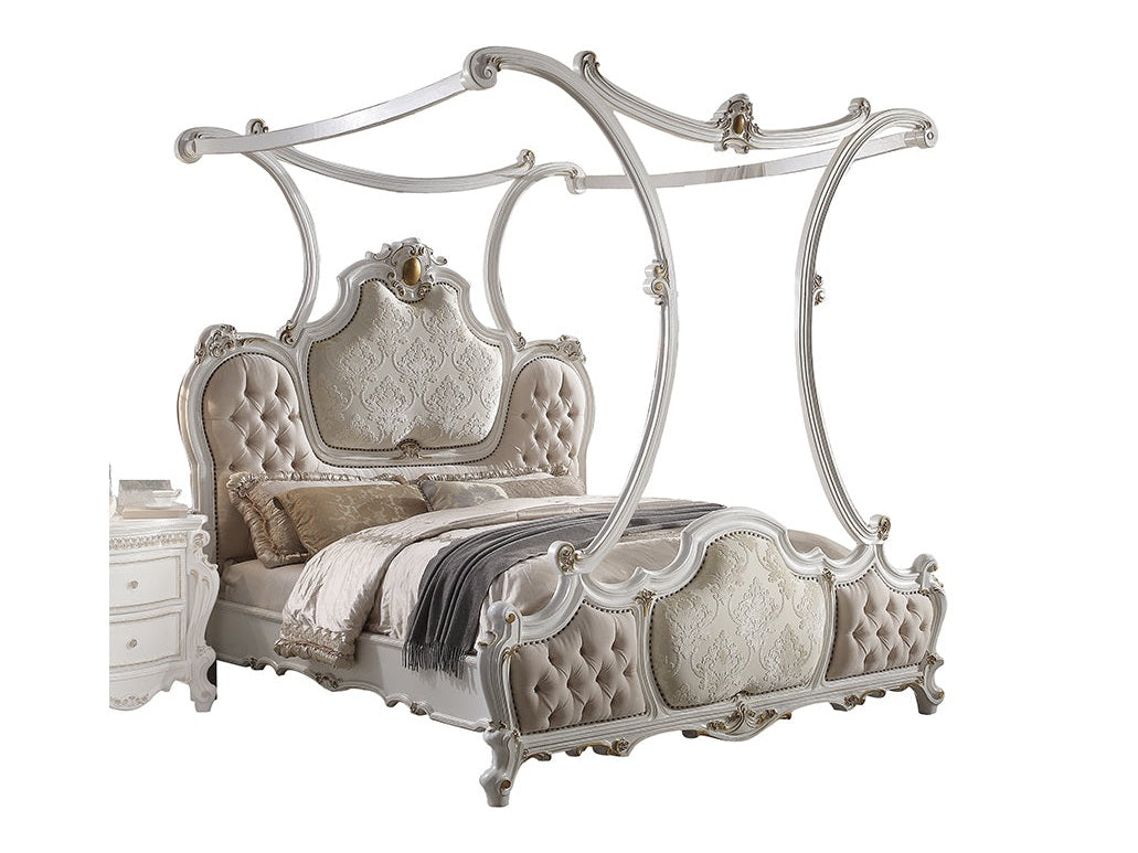 Picardy Fabric & Antique Pearl Eastern King Bed (Canopy) - Ornate Home