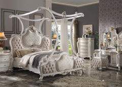 Picardy Fabric & Antique Pearl Eastern King Canopy  Bed - Ornate Home