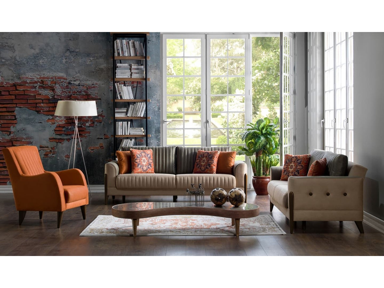 Piero Beige/Orange Living Room Set - Ornate Home