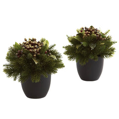 Pine & Berries w/Black Planter (Set of 2) - Ornate Home