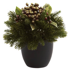 Pine & Berries w/Black Planter (Set of 2) - Ornate Home