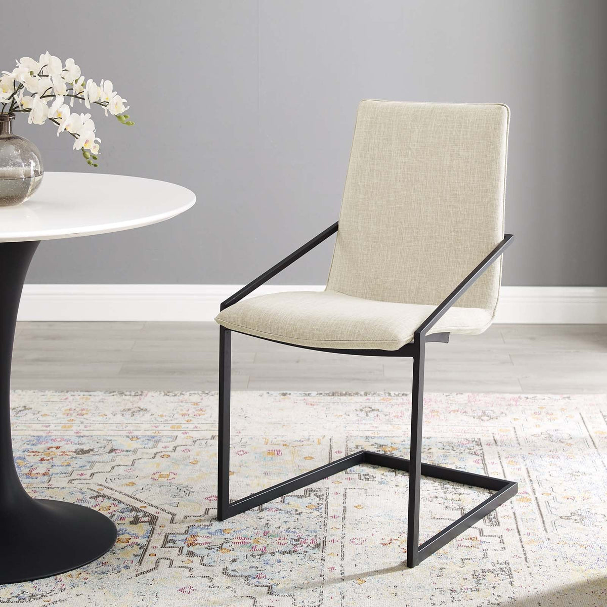 Pitch Black/Beige Upholstered Fabric Dining Armchair - Ornate Home