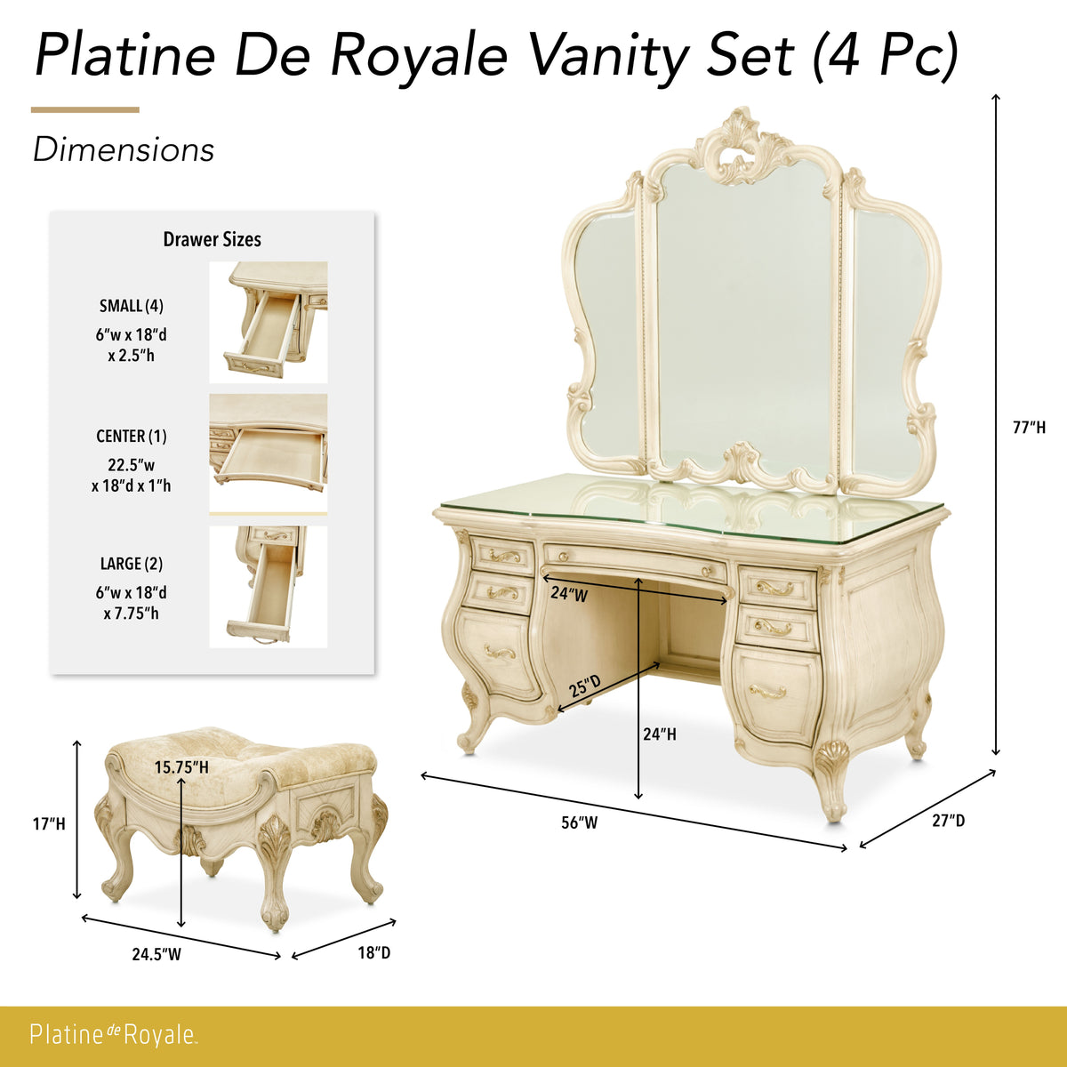 Platine de Royale Champagne Vanity Set with Mirror and Bench