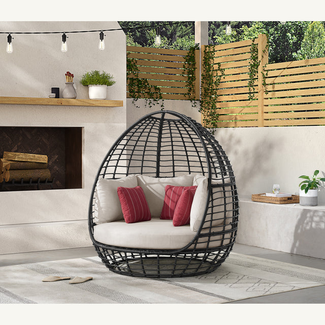 Playa Dark Grey/Olefin Beige Outdoor Twin Egg Chair with 3 Pillows - Ornate Home