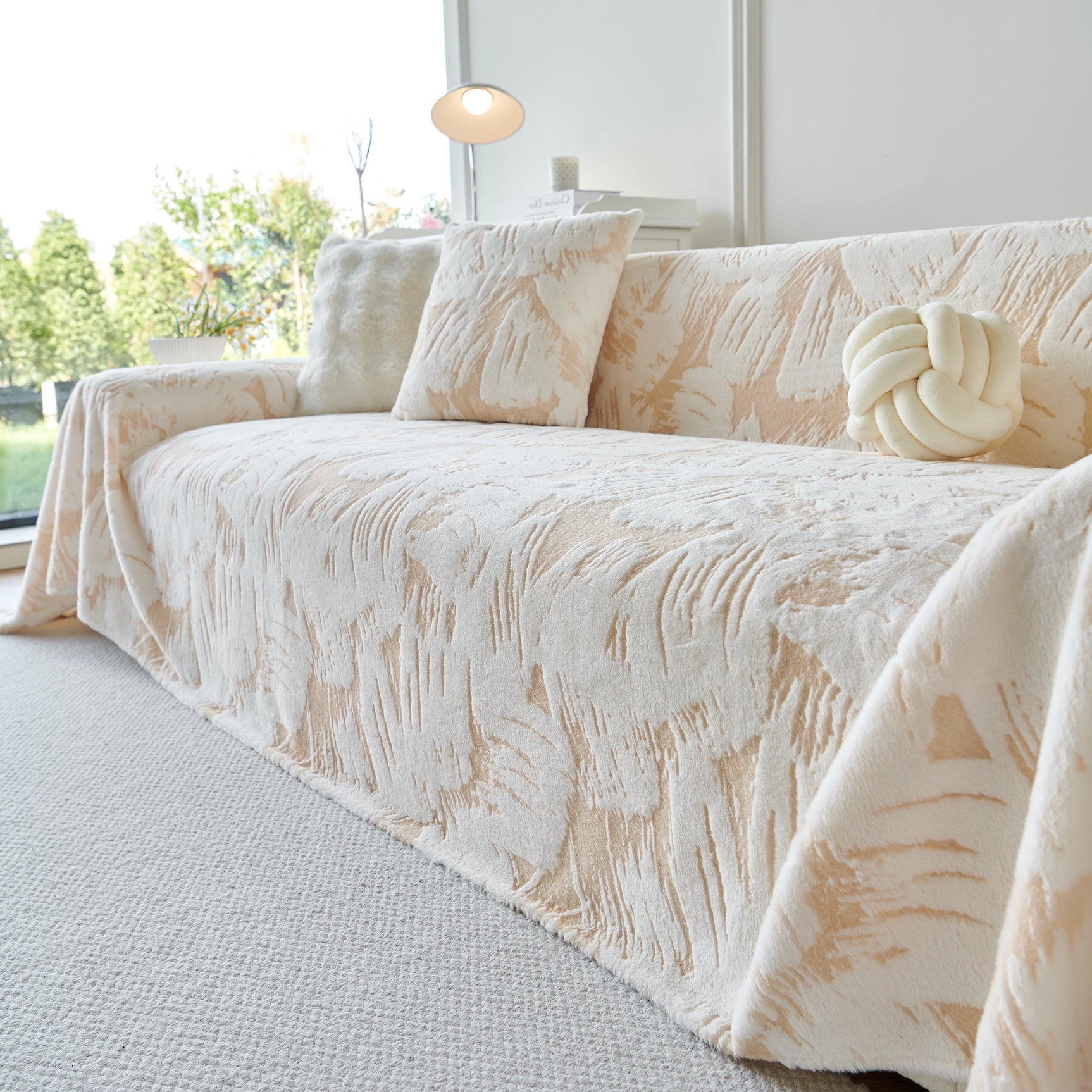 Plush Faux Fur Warm Sofa Cover with Waves Jacquard Textured Throw Blankets for Couch - Ornate Home