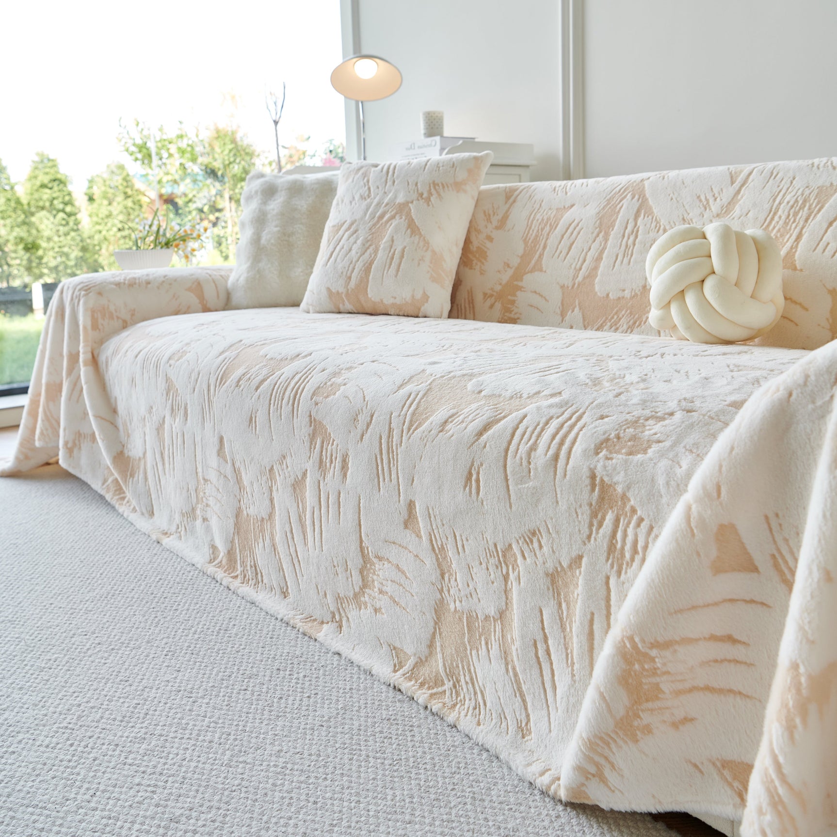 Plush Faux Fur Warm Sofa Cover with Waves Jacquard Textured Throw Blankets for Couch - Ornate Home