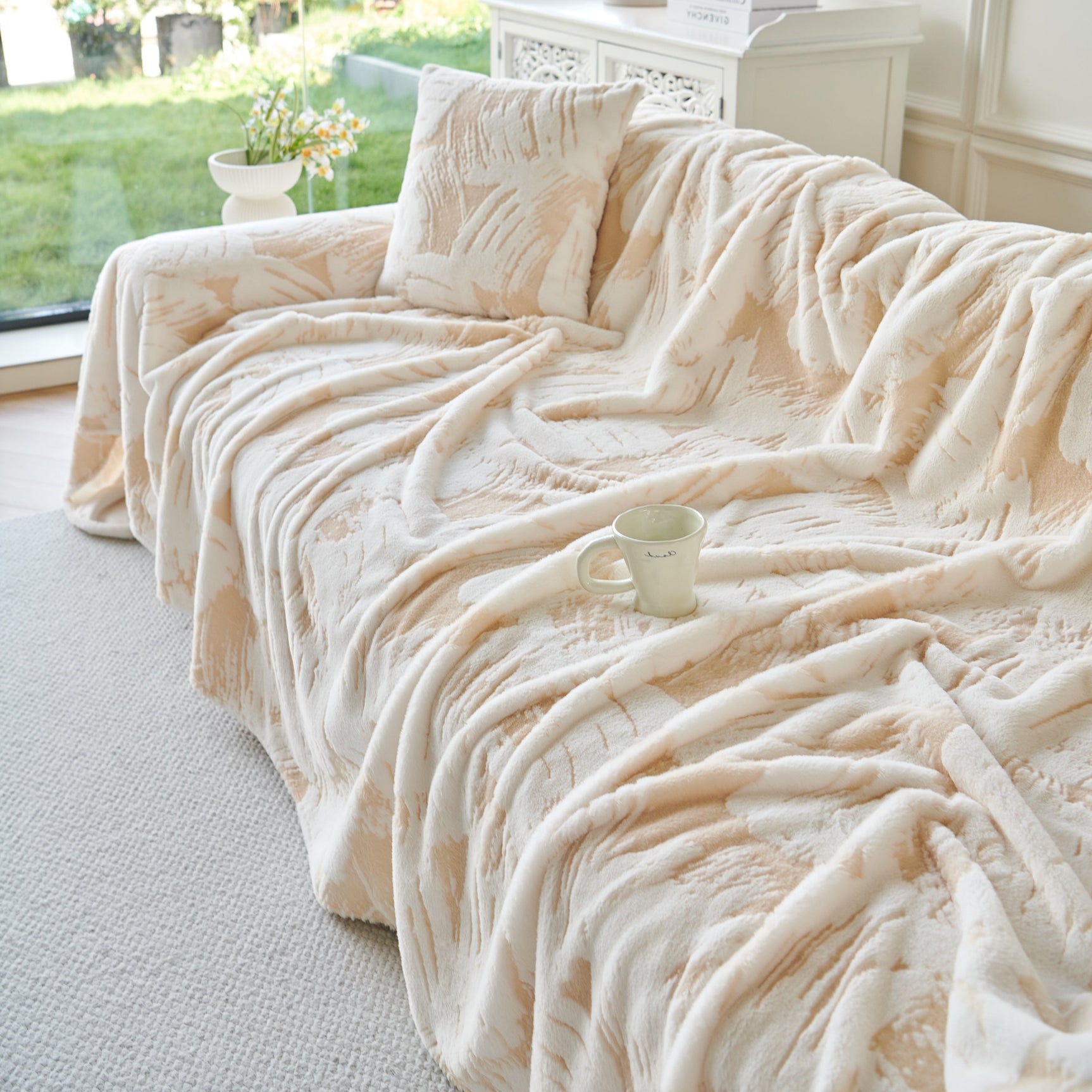 Plush Faux Fur Warm Sofa Cover with Waves Jacquard Textured Throw Blankets for Couch - Ornate Home