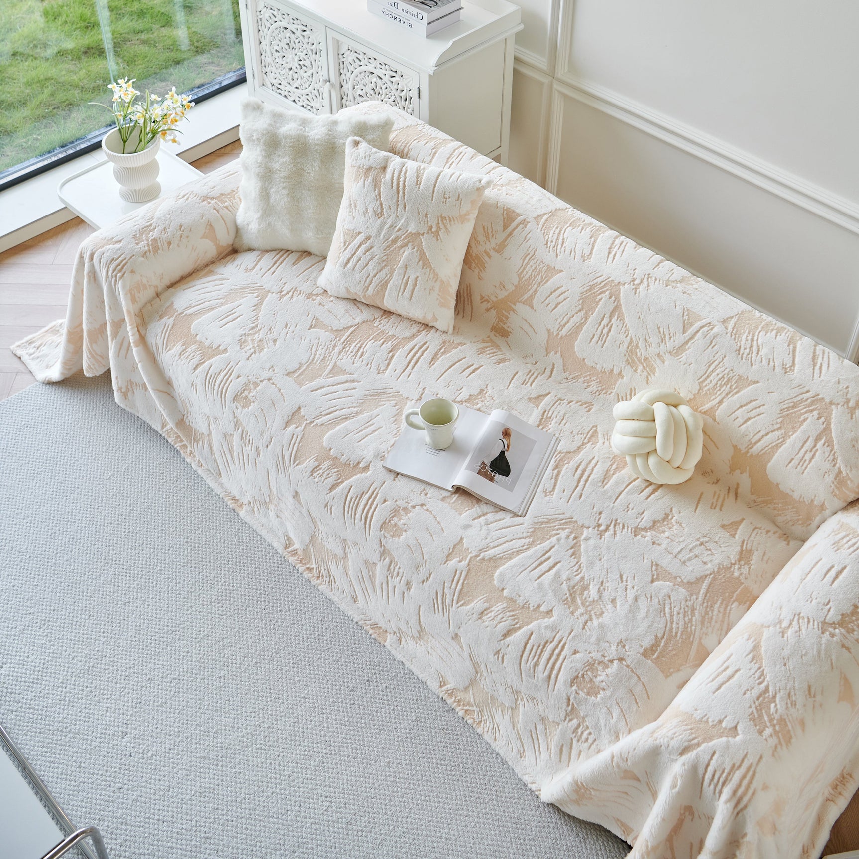 Plush Faux Fur Warm Sofa Cover with Waves Jacquard Textured Throw Blankets for Couch - Ornate Home