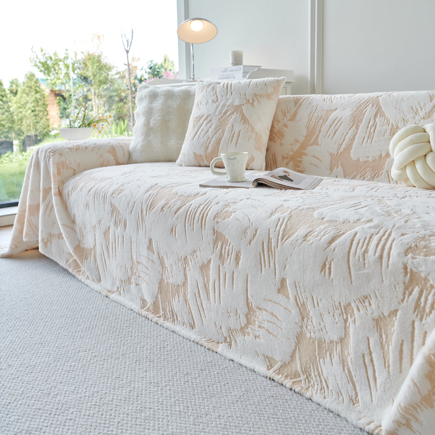Plush Faux Fur Warm Sofa Cover with Waves Jacquard Textured Throw Blankets for Couch - Ornate Home