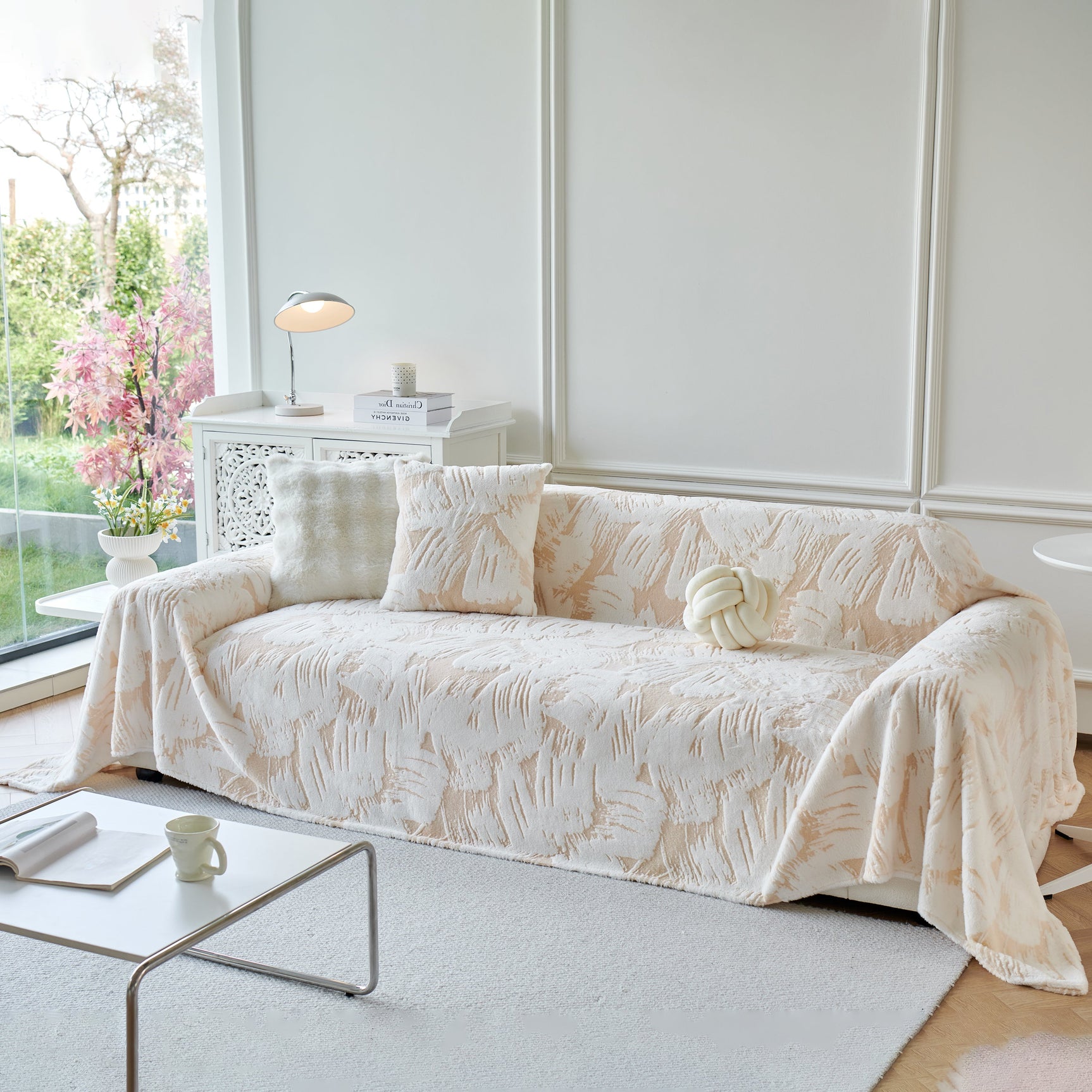 Plush Faux Fur Warm Sofa Cover with Waves Jacquard Textured Throw Blankets for Couch - Ornate Home