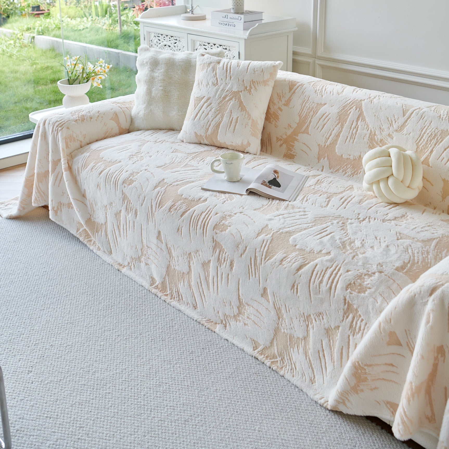 Plush Faux Fur Warm Sofa Cover with Waves Jacquard Textured Throw Blankets for Couch - Ornate Home