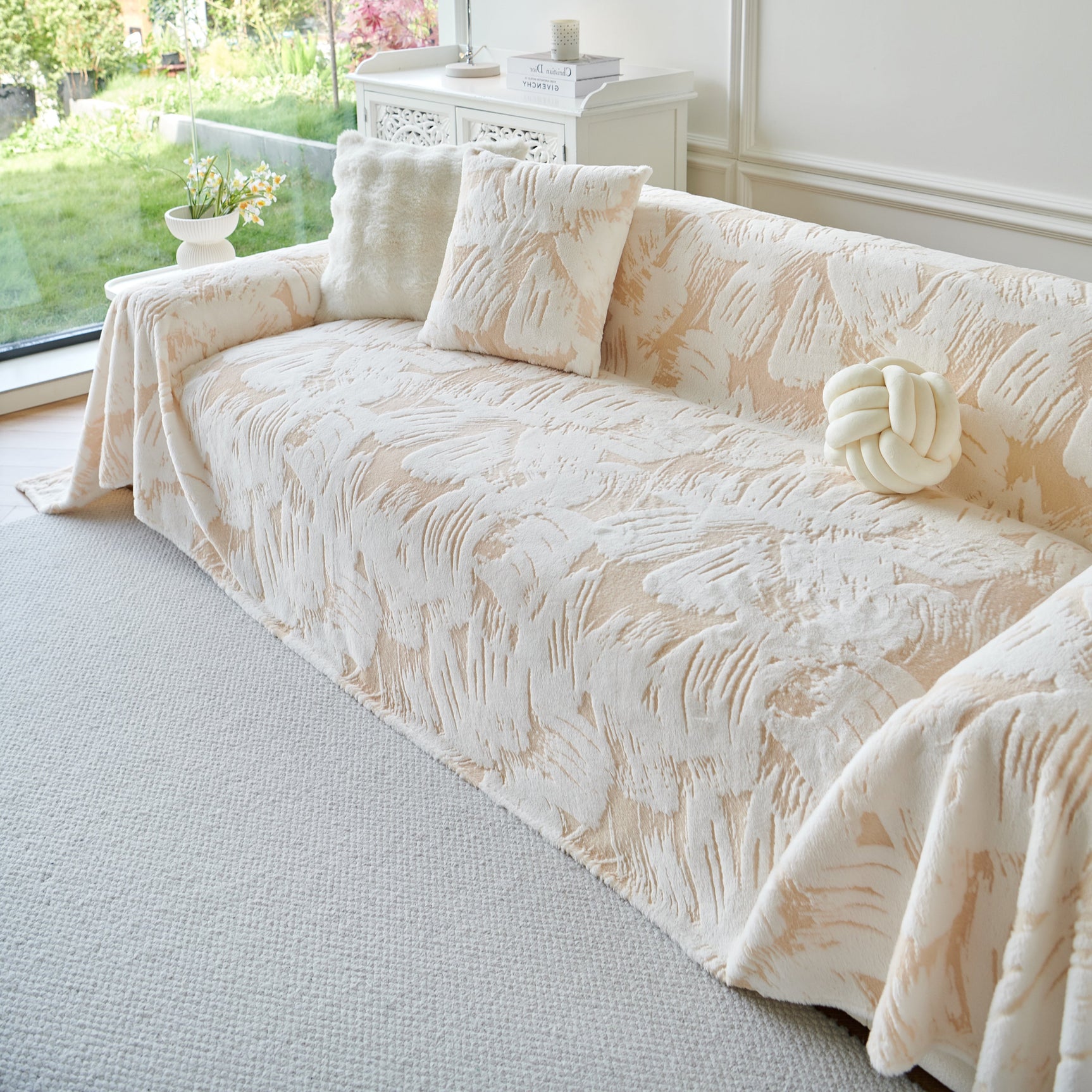 Plush Faux Fur Warm Sofa Cover with Waves Jacquard Textured Throw Blankets for Couch - Ornate Home