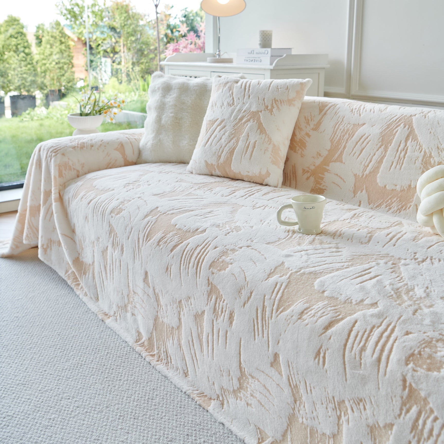 Plush Faux Fur Warm Sofa Cover with Waves Jacquard Textured Throw Blankets for Couch - Ornate Home