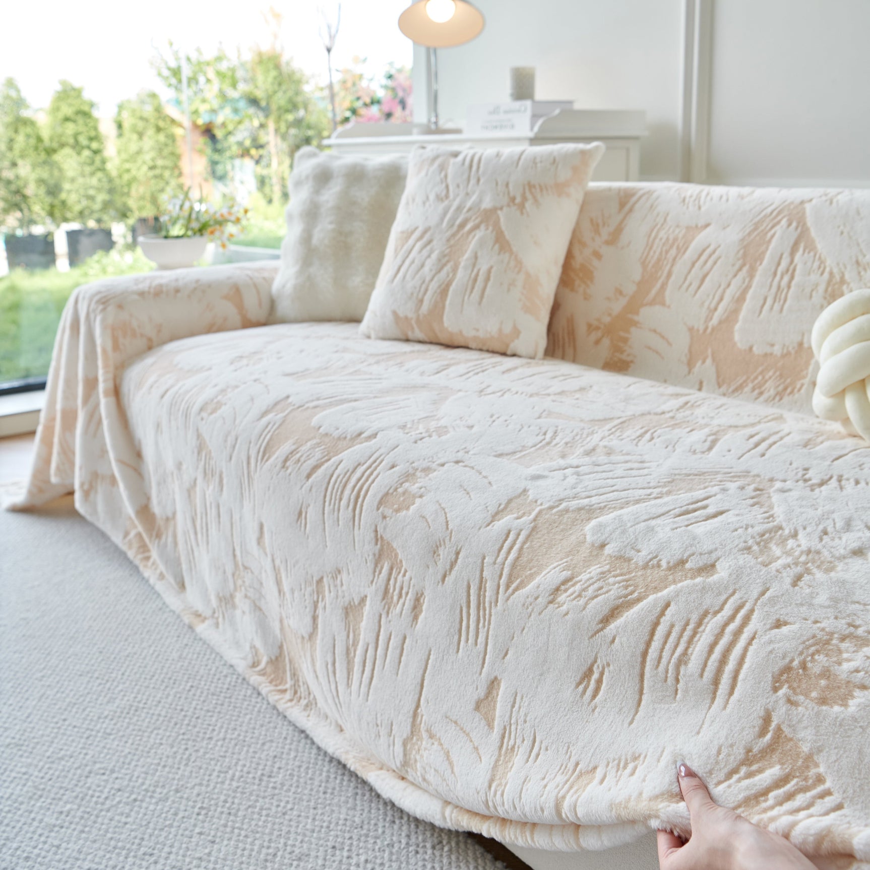 Plush Faux Fur Warm Sofa Cover with Waves Jacquard Textured Throw Blankets for Couch - Ornate Home