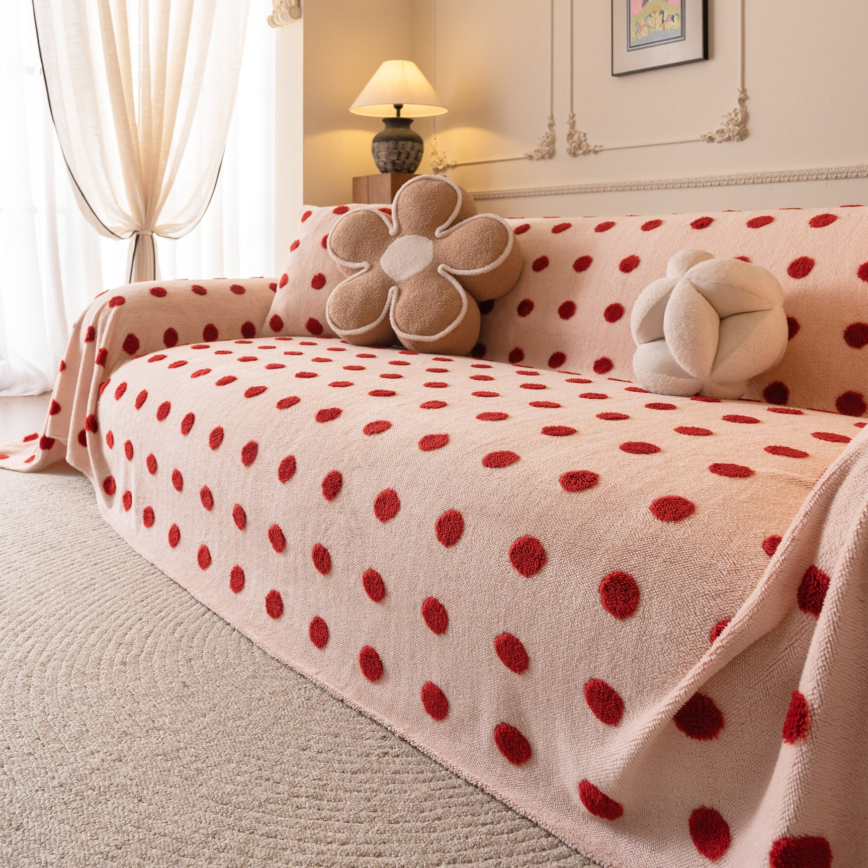 Plush Fleece Sofa Cover Throw, Soft Textured Polka Dot Couch Protector Blanket for Pets - Ornate Home