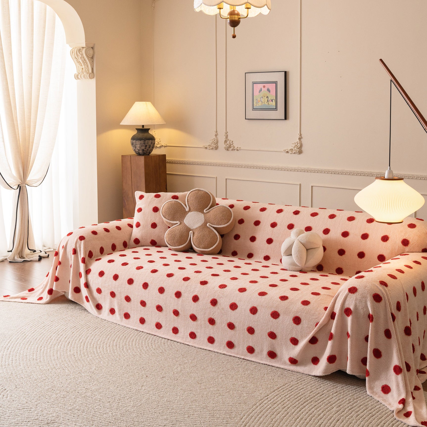 Plush Fleece Sofa Cover Throw, Soft Textured Polka Dot Couch Protector Blanket for Pets - Ornate Home