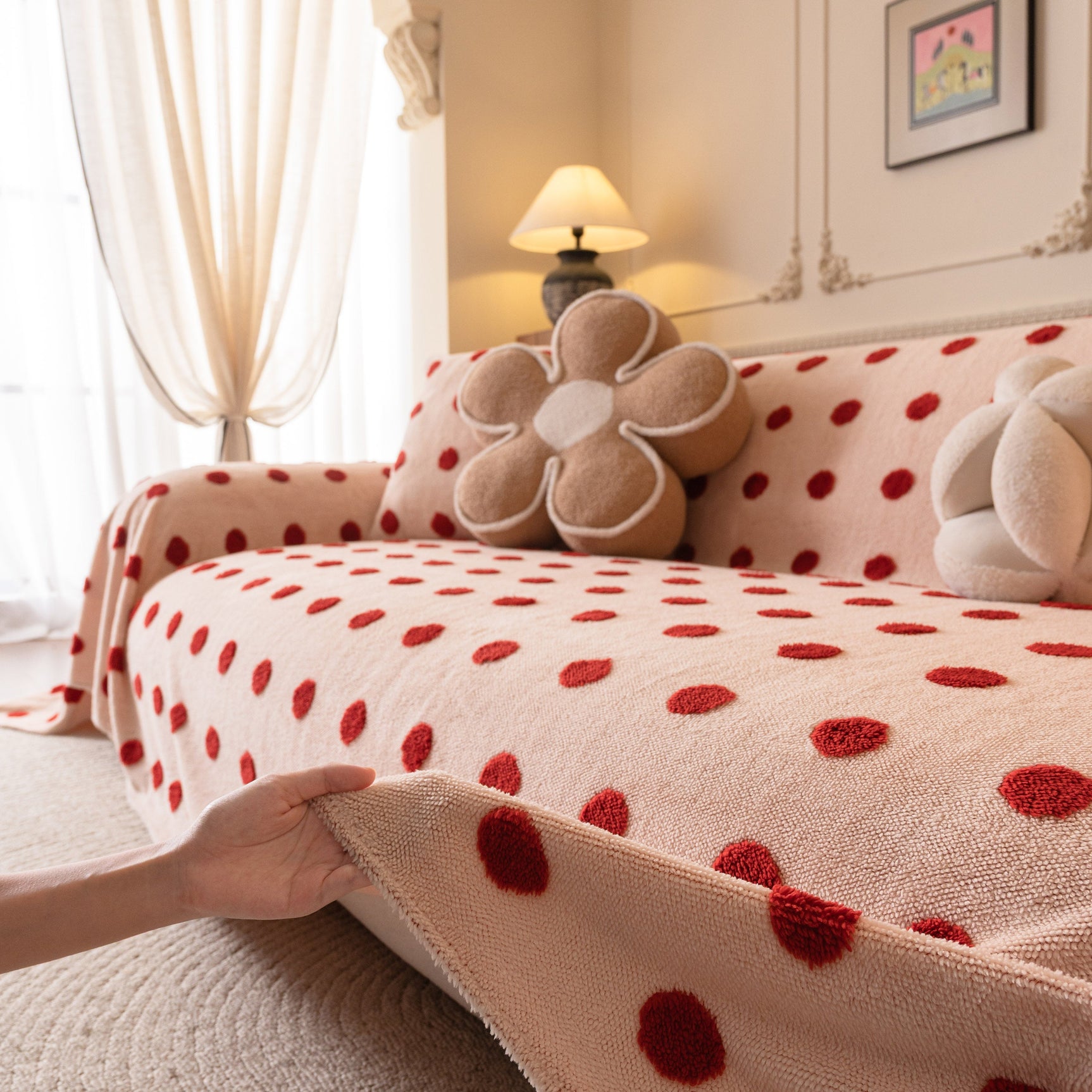 Plush Fleece Sofa Cover Throw, Soft Textured Polka Dot Couch Protector Blanket for Pets - Ornate Home