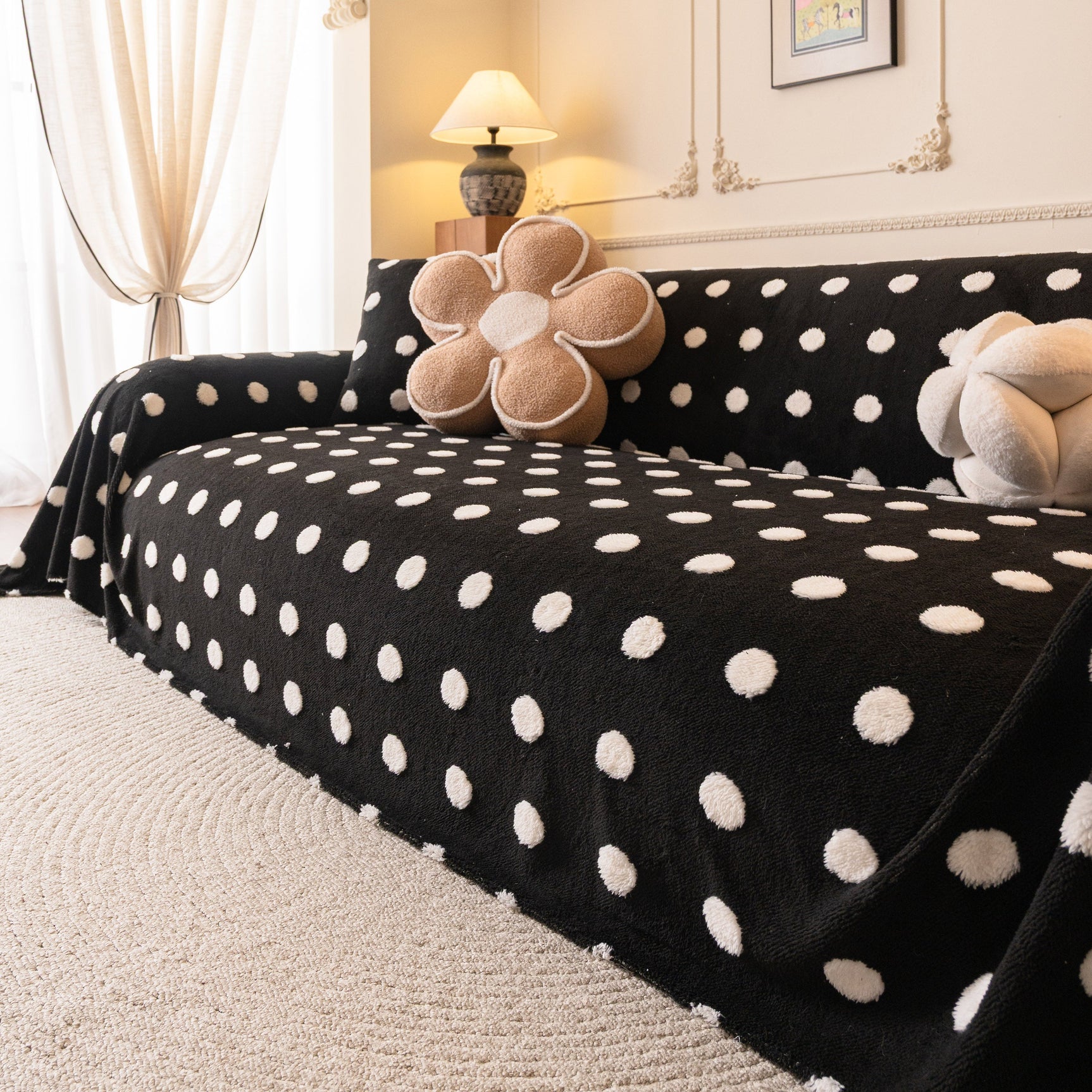 Plush Fleece Sofa Cover Throw, Soft Textured Polka Dot Couch Protector Blanket for Pets - Ornate Home