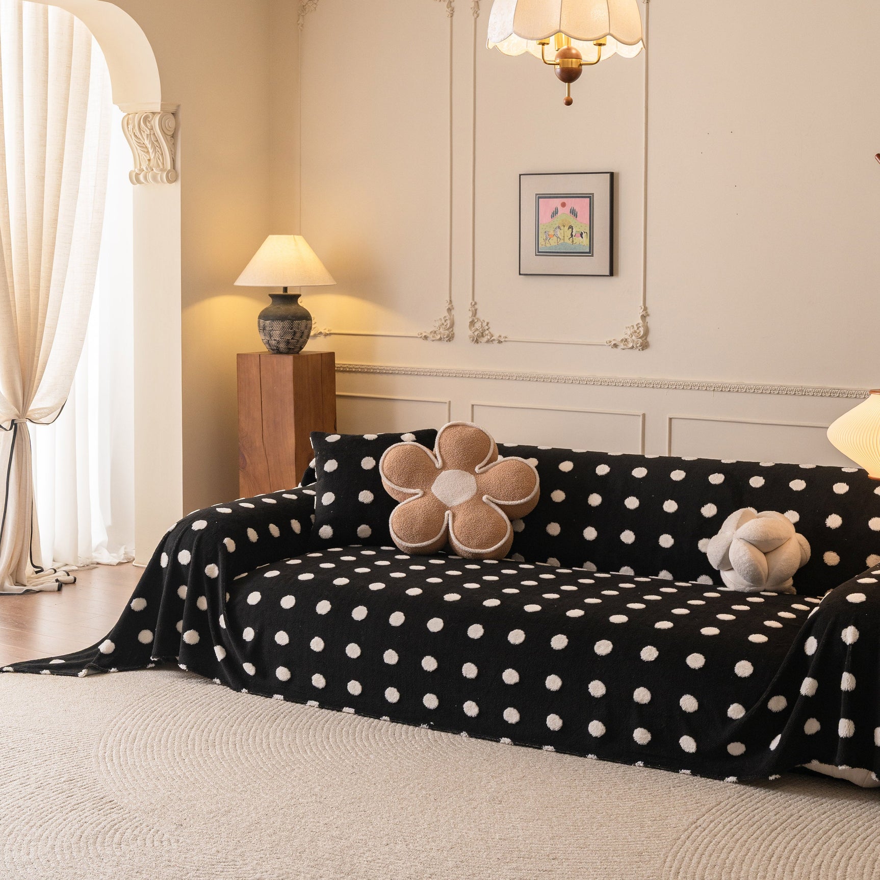 Plush Fleece Sofa Cover Throw, Soft Textured Polka Dot Couch Protector Blanket for Pets - Ornate Home