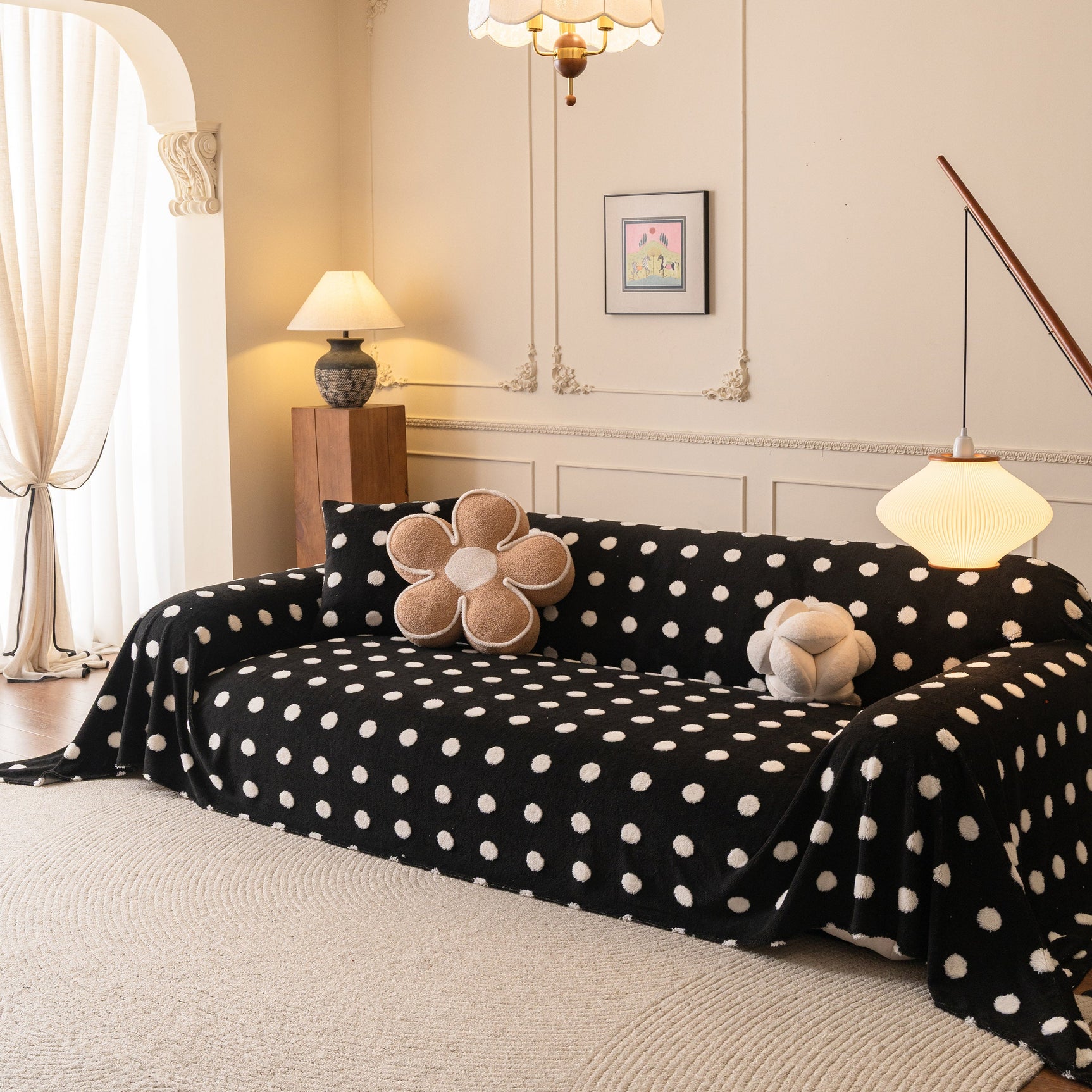 Plush Fleece Sofa Cover Throw, Soft Textured Polka Dot Couch Protector Blanket for Pets - Ornate Home