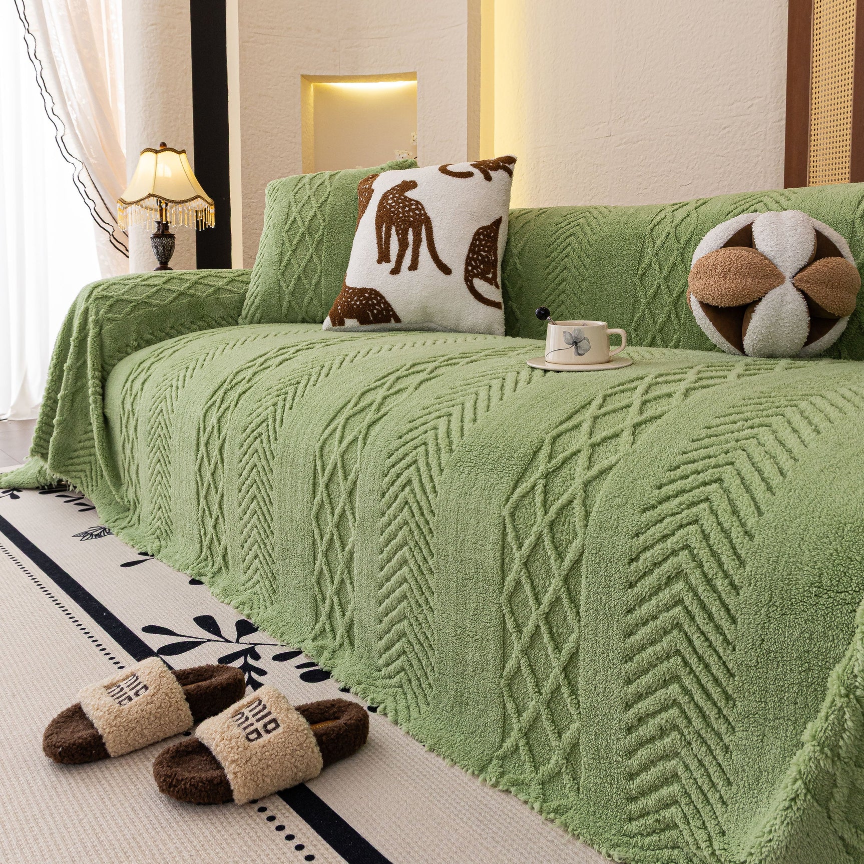 Plush Fleece Sofa Cover with 3D Cable Knit Texture Soft Cozy Warm Sofa Throw Blanket - Ornate Home